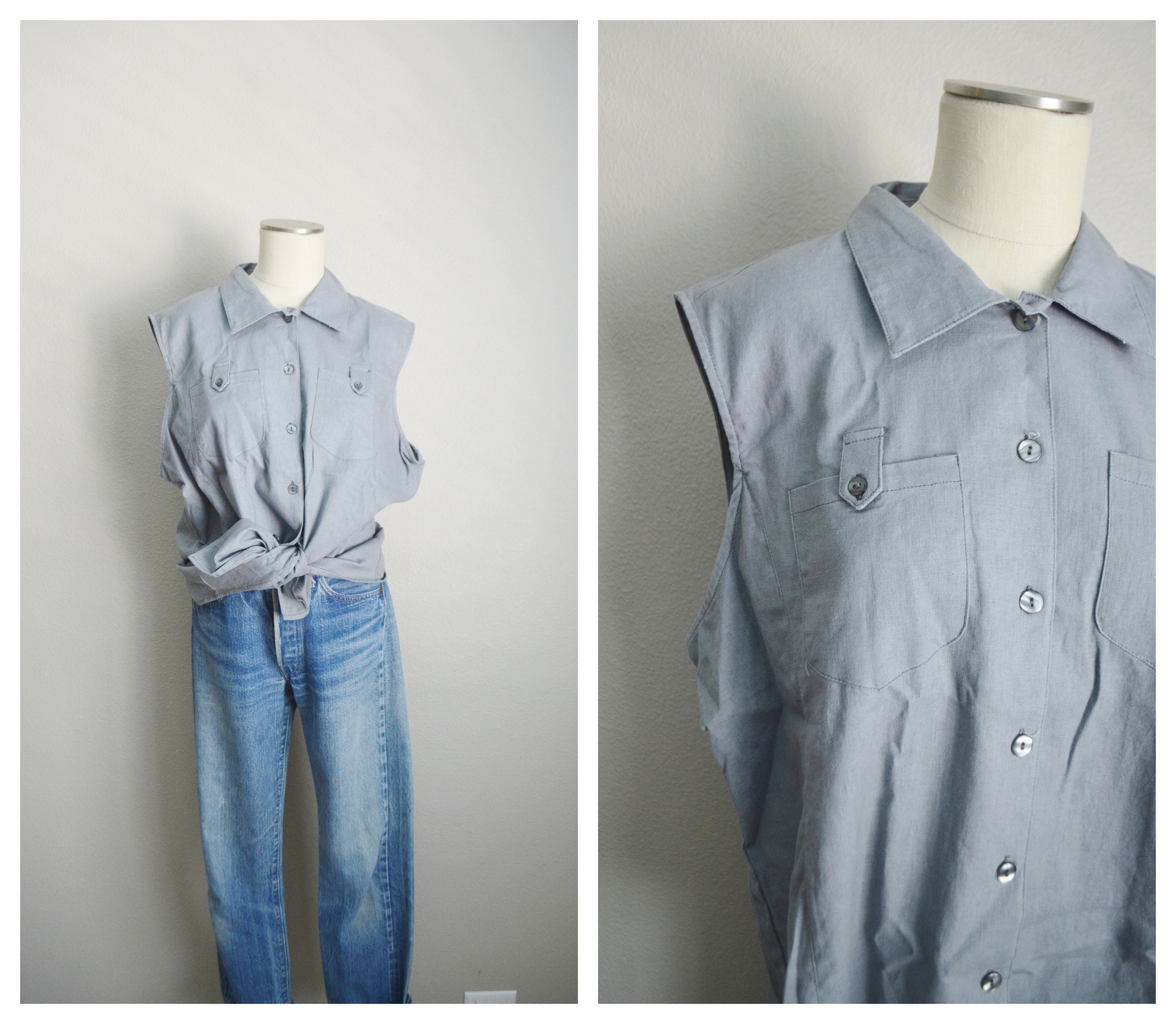 Gray Linen Blouse / Vintage 90s Gray Linen Sleeveless Collared 