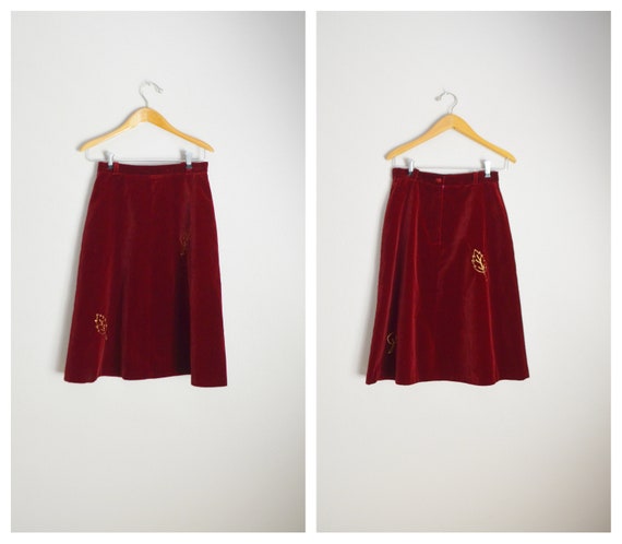 vintage 80s burgundy red velvet a-line midi skirt… - image 2