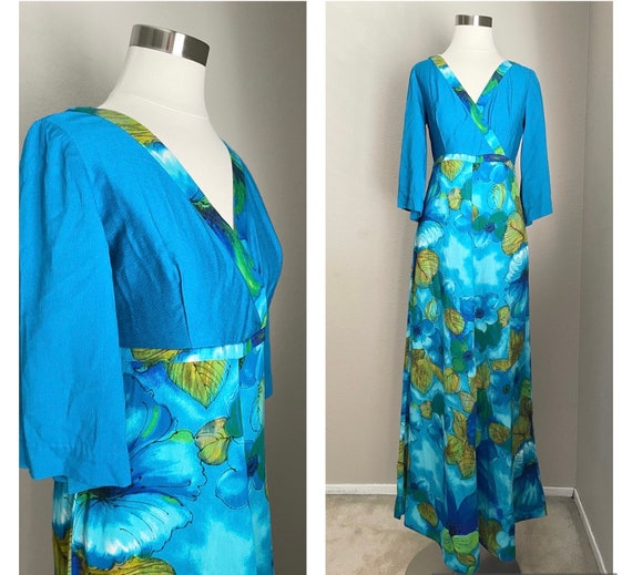 vintage 60s 70s blue green floral Hawaiian Lauhal… - image 1