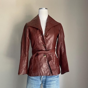 Vintage 70s Cinnamon Burgundy Brown Leather jacket -women&#39;s xxsmall petite