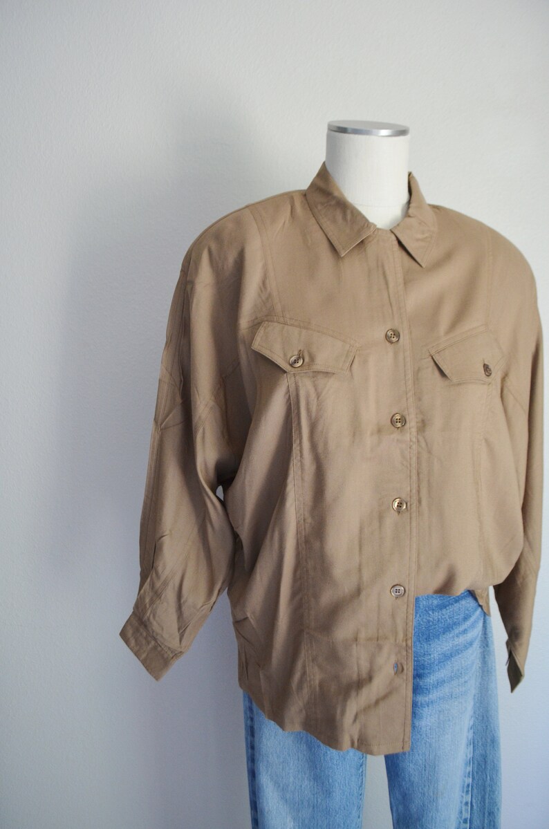 bown blouse / vintage 90s brown rayon button down soft blouse / minimal lightweight summer comfy button down blouse / womens small blouse image 8