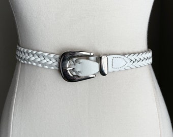 vintage 90s white skinny braided belt- ladies xsmall- size 21/22/23/24/25
