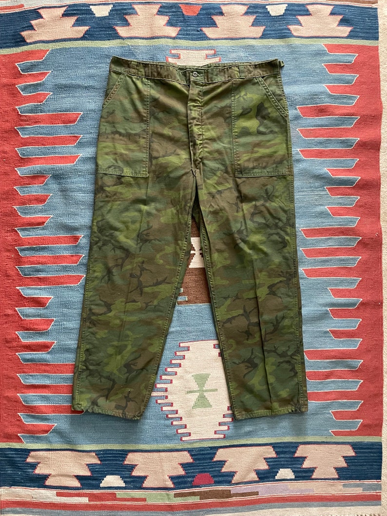 Vintage 1970s Olive Drab Camo Utility Fatigues Military Trouser 42 42x31 OG Style Camouflage Trousers image 2
