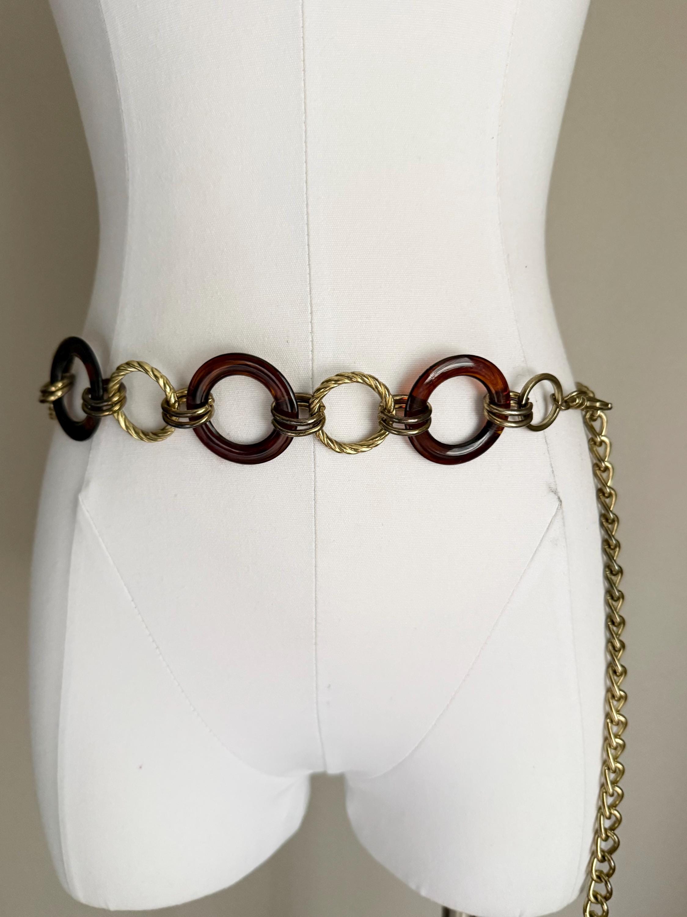 Vintage 90 open circle gold chain womens statement belt clear crystals One size Ladies Metal Circle Chain Belt, Gold | 42 main image 3