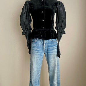 vintage 80s YVES SAINT LAURENT rive gauche black velvet taffeta peplum fitted jacket blouse/ women's x-small image 2