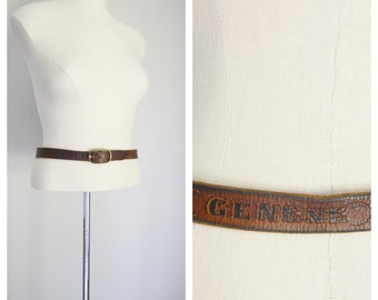 vintage 70s GENENE brown leather tooled skinny belt - size 28