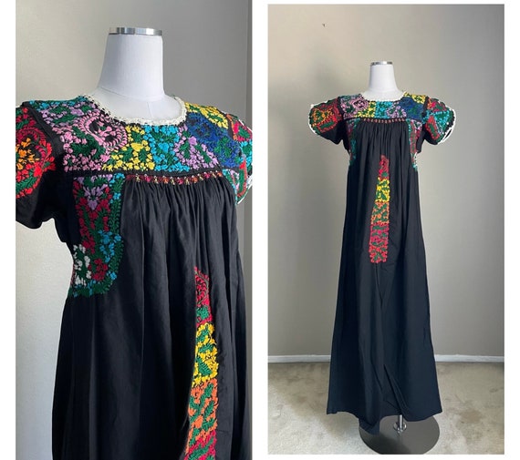 vintage embroidered dress / black peasant hippie … - image 1