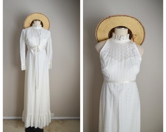 vintage white sleeveless eyelet maxi dress with jacket / vintage long white wedding bridal long dress cropped bolero style jacket- xs small