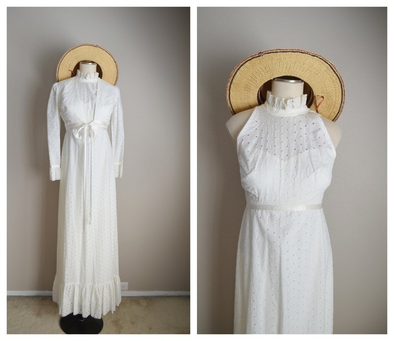 Vintage white sleeveless eyelet shops maxi dress with jacket / vintage long white wedding bridal long dress cropped bolero style jacket- xs small