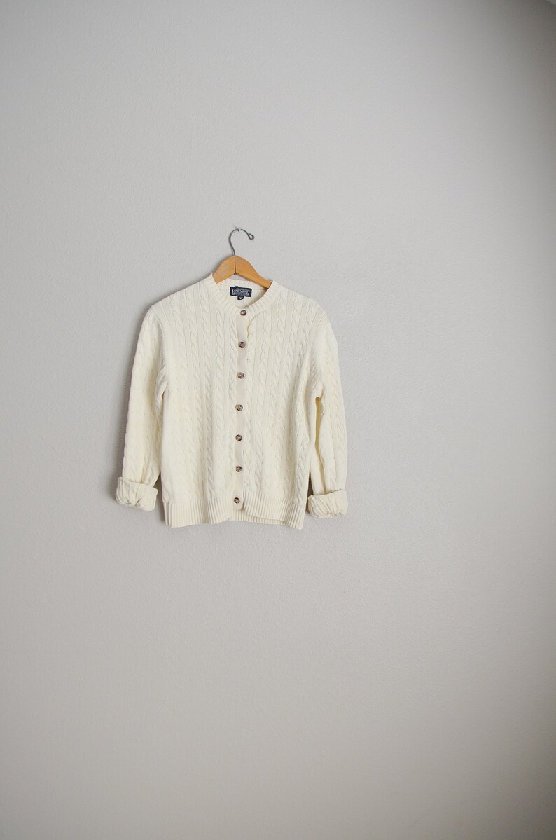 vintage 90s lands/' End Ivory classic cable knit lightweight cardigan sweater cream knit medium weight preppy cardi- ladies medium