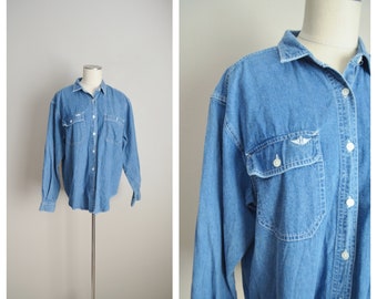 vintage 90s denim blouse long sleeve oversize dockers jean top / women's medium / large