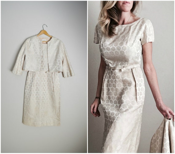 Vintage 60s Ivory Dress Bolero Jacket Dress Set Small Vintage