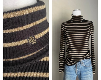 Vintage 90s ribbed black gold striped military cotton ralph lauren knit turtleneck - small