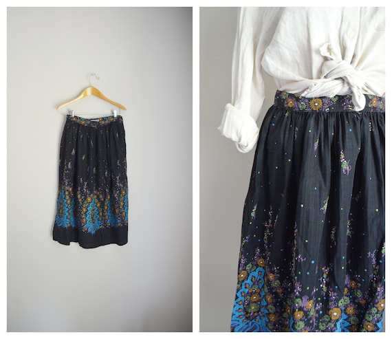 50s black novelty print skirt - small