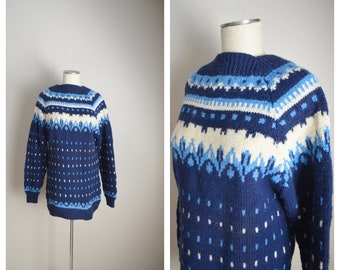 blue white neutral winter fair isle sweater / long winter sweater / wool winter warm ski nordic sweater - womens small fair isle sweater