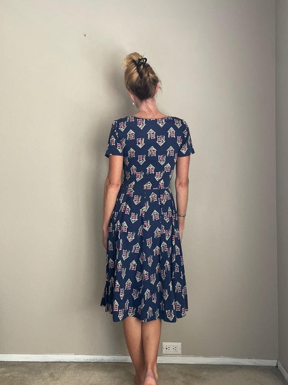 Vintage 40s Navy Blue Novelty Print Dress -- small - image 4