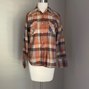 vintage 80s burnt orange brown blue wool plaid pearl snap button down blouse women's medium image 2