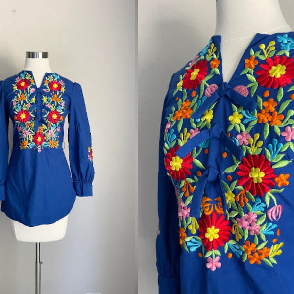 vintage 60s ethnic embroidered blue blouse tunic top with belt loops- women's xxsmall