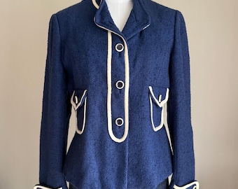 Vintage 60s Blue White Fitted Roos Atkins Blazer Jacket - petite small/med