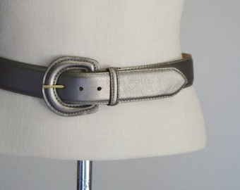 silver bronze leather belt / women's silvery bronze metallic USA leather belt / women's medium size 28 /30 nordstrom glove leather belt