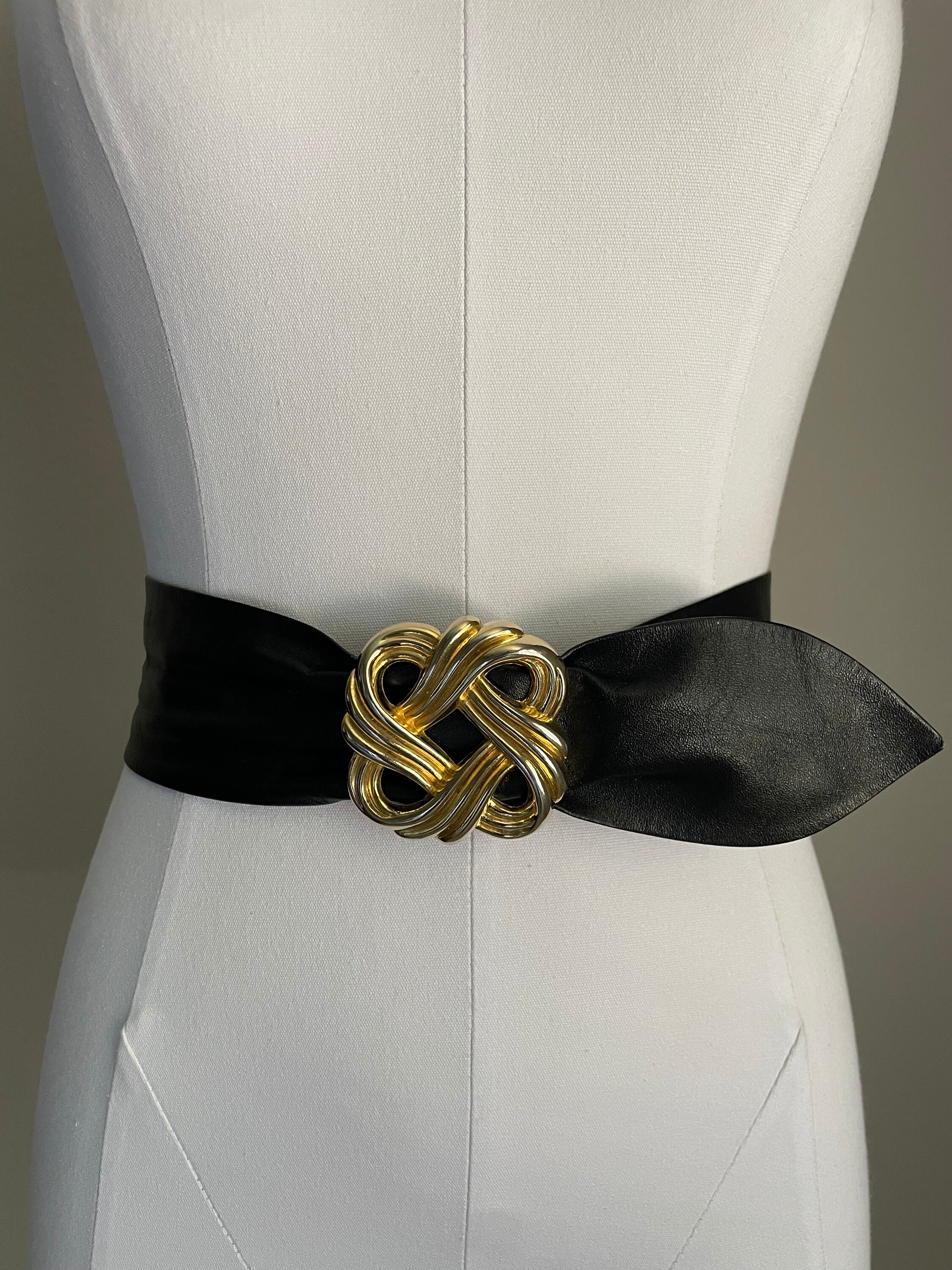 Black leather belt vintage Express Made Taiwan 80’s bold style L Vintage Finland Wide Black Leather Belt High Low Waist Ring  main image 4
