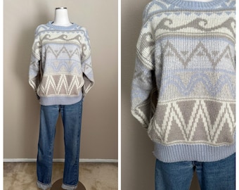 Vintage 80s Pastel Blue Gray Fair Isle Acrylic Warm Together Sweater - women's large/xl