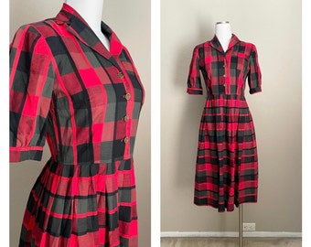 1940s cotton plaid red gray day dress / vintage 40s midi cotton dress - small