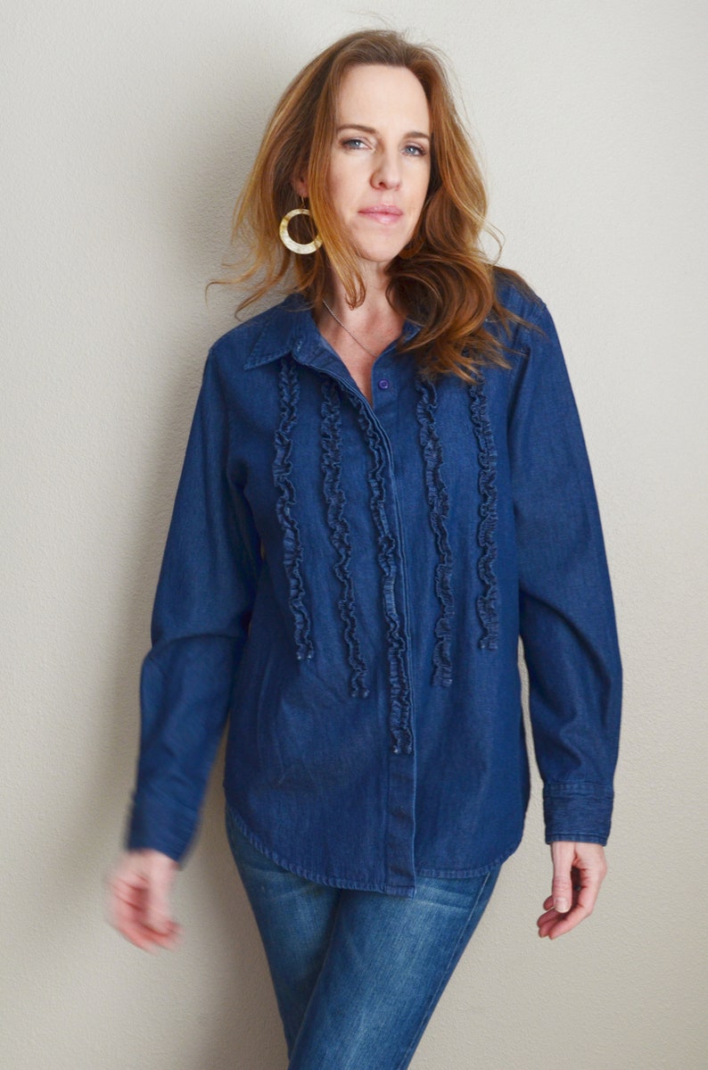 vintage denim dark wash jean 90s ruffle long sleeve blouse button down- womens large