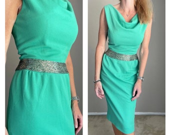 vintage 70s green turquoise knit wiggle dress -- womens small-- 34-26-35