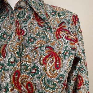 vintage 70s Lee Paisley Western Style Peal Snap Polyester button Down Blouse women's small image 4