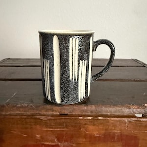 May include: A ceramic mug with a dark charcoal gray speckled finish featuring vertical cream-colored stripes. The mug has a cylindrical body and a curved handle on the right side. The surface texture appears slightly rough with a matte appearance.