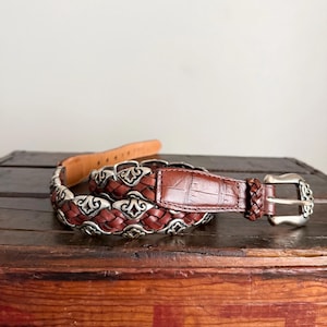 Vintage 70s Lesley Slight brown leather belt with crocodile skin & twin buckles 1990s Brown Faux Croc Belt, Vintage Crocodile Embossed Belt  main image 4