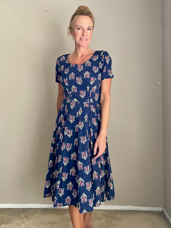 Vintage 40s Navy Blue Novelty Print Dress -- small - image 2