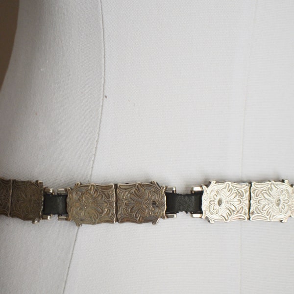 vintage 90s black leather skinny belt with silver metal details -- women's large - ladies 34 belt