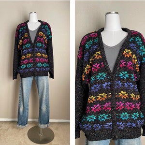 vintage 80s 90s mervyn's partners rainbow striped fair isle cardigan deadstock women's large image 1