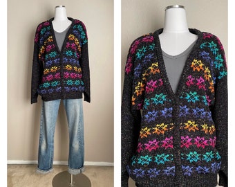 vintage 80s 90s mervyn's partners rainbow striped fair isle cardigan - deadstock women's large