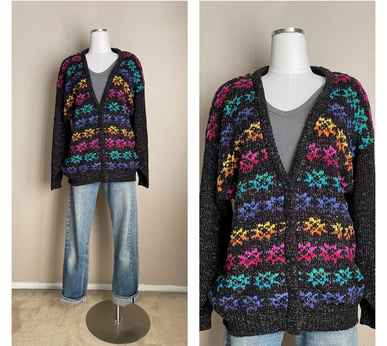 vintage 80s 90s mervyn's partners rainbow striped fair isle cardigan deadstock women's large image 1