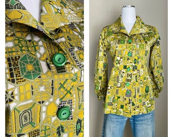 Vintage 60s 70s green yellow mod blouse - women's xsmall/small