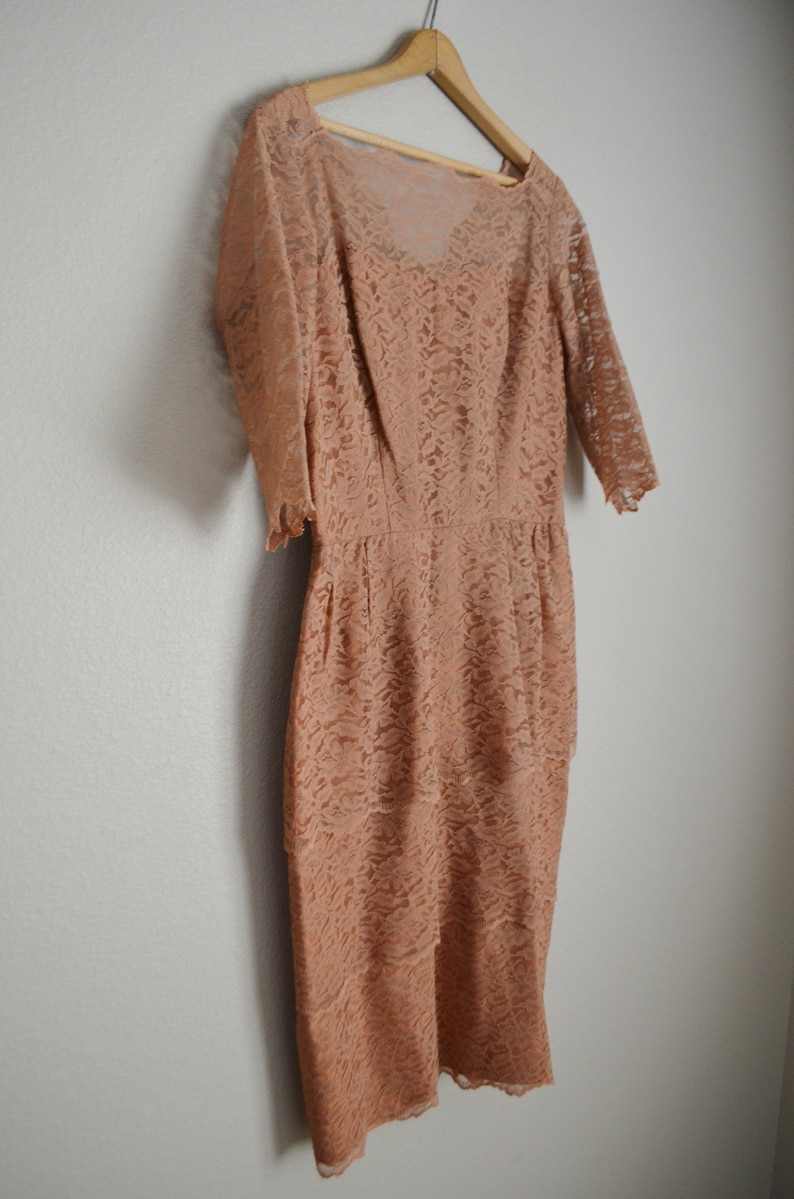 vintage 1960s rose tan nude lace 60s mid century tiered wiggle dress- medium