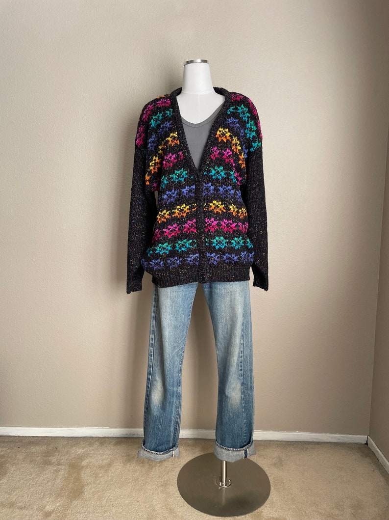 vintage 80s 90s mervyn's partners rainbow striped fair isle cardigan deadstock women's large image 7