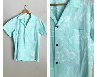 Vintage 80s Made in Hawaii Minty Green Floral Luau Shirt - men's large