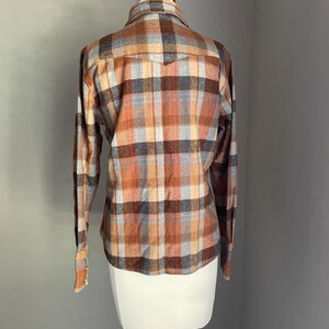 vintage 80s burnt orange brown blue wool plaid pearl snap button down blouse women's medium image 4