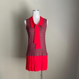 Vintage 60s Red Mid-Century Tie Front Collared Drop Waist Dress- small