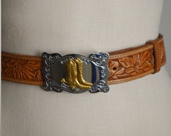 vintage 80s tooled brown leather horse cowboy cowgirl rodeo cowboy boots buckle belt - size 36 - women's large western belt - as is