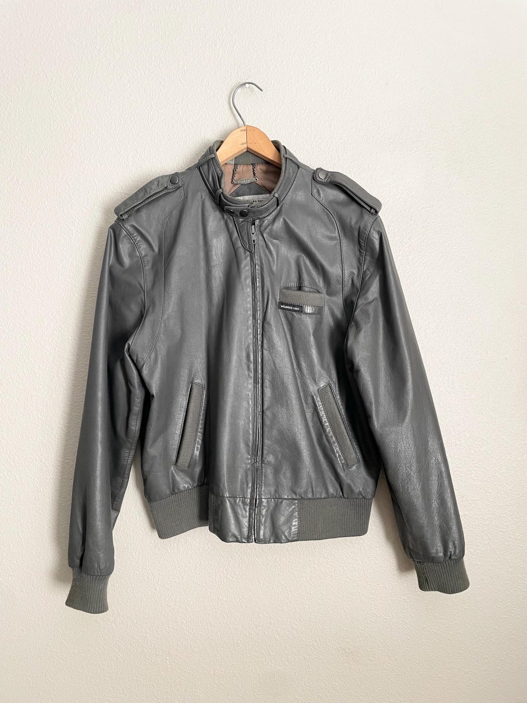 Vintage 80s Members Only Gray Leather Bomber Rainbow Tag Jacket