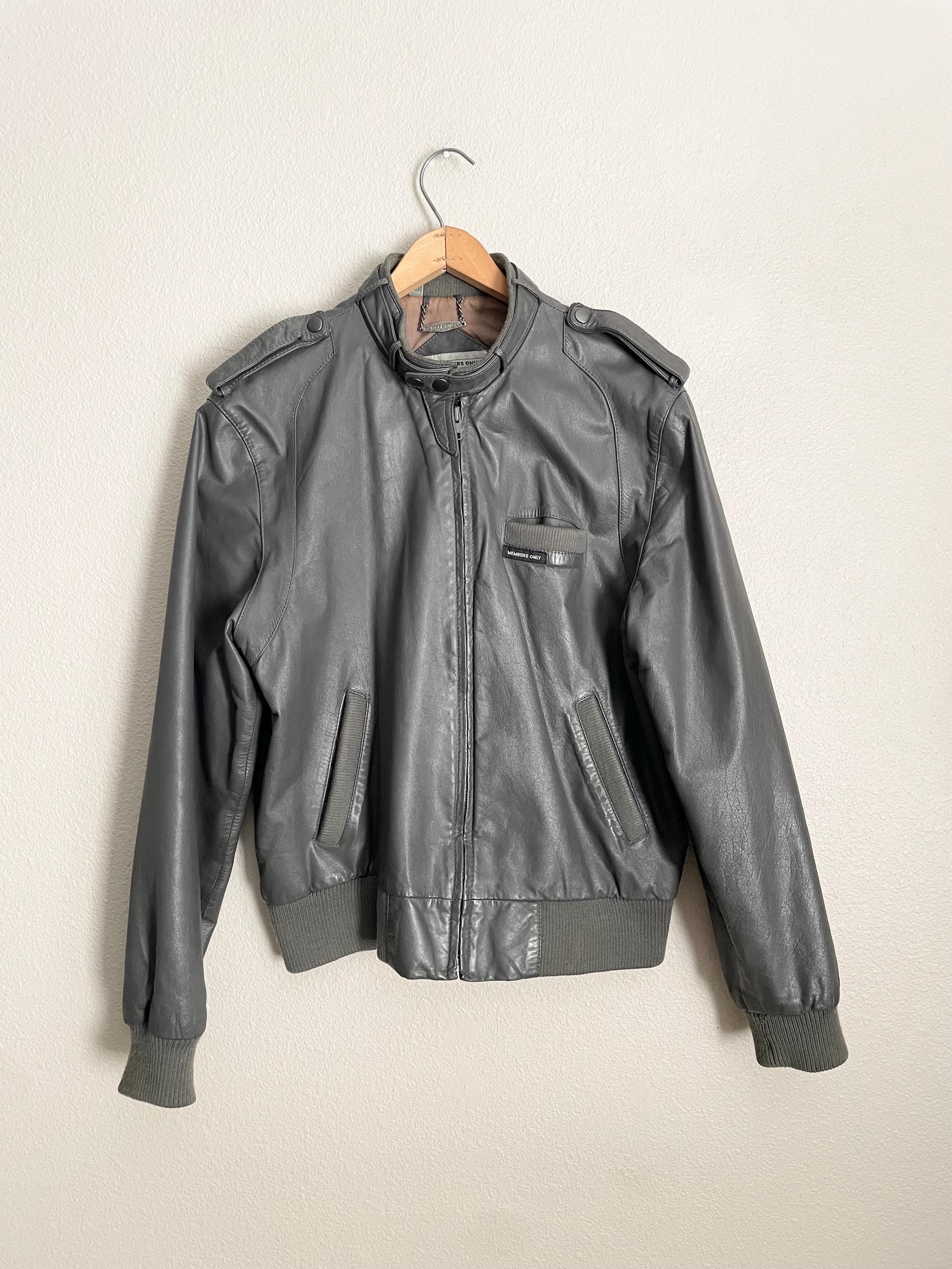 Vintage 80s Members Only Gray Leather Bomber Rainbow Tag Jacket