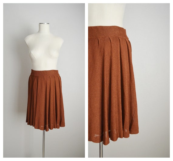 vintage 80s mini flouncy brown summer knit skirt … - image 1