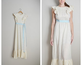 peasant dress / 70s ivory prairie bohemian maxi  dress - xsmall xxsmall