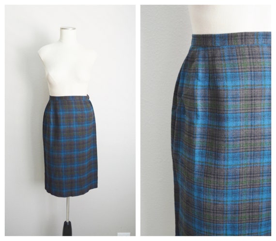 vintage 80s blue green plaid pencil high waisted … - image 1