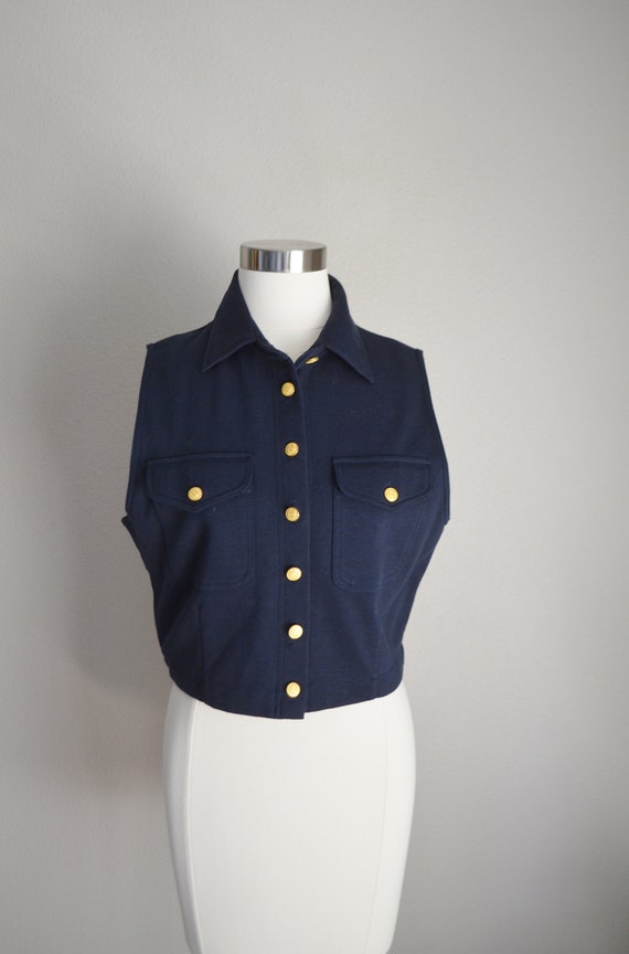 knit navy blue gold button vintage vest - medium … - image 3